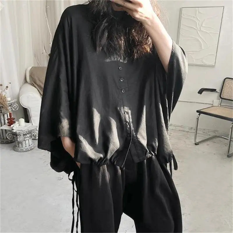 Ladies Short Sleeve Shirt Summer New Fashion Popular Japanese Bat Sleeve Drawstring Design Loose Large Size Short Sleeve Shirt