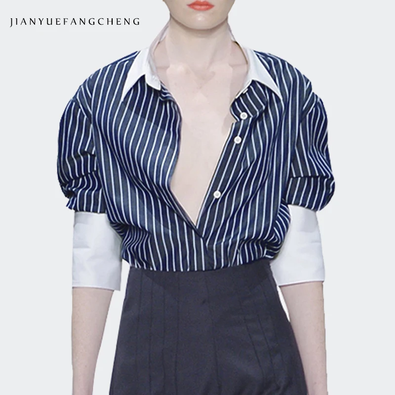 

100% Cotton Womens Vintage Striped Shirt Blue-White Color Blocking Loose Casual Female Spring Summer Button-Down Tops Blouses