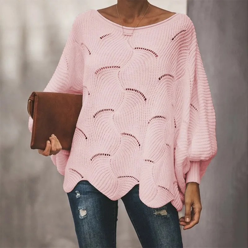 

Hollow Out Lantern Sleeve Sweaters Women Casual Loose Knitwear Sweaters Cloak Femme O Neck Ruffle Pullover