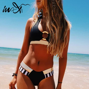 

In-X Sexy gold bikinis 2020 mujer Patchwork swimsuit femle Hollow ring biquinis Halter swimwear women Bathers Bathing suit new