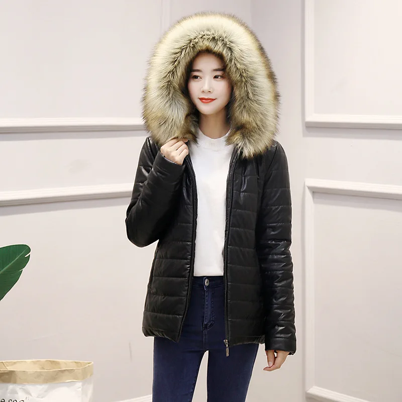 

2018 Winter New Style down Cotton Women's Hooded Tops PU Leather Short Slim Fit Coat