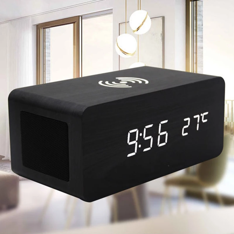 HLZS-Деревянный Будильник с bluetooth-динамиком, голосовое управление, светодиодный, цифровые часы, Беспроводная зарядка телефона, деревянный температурный стол Cl
