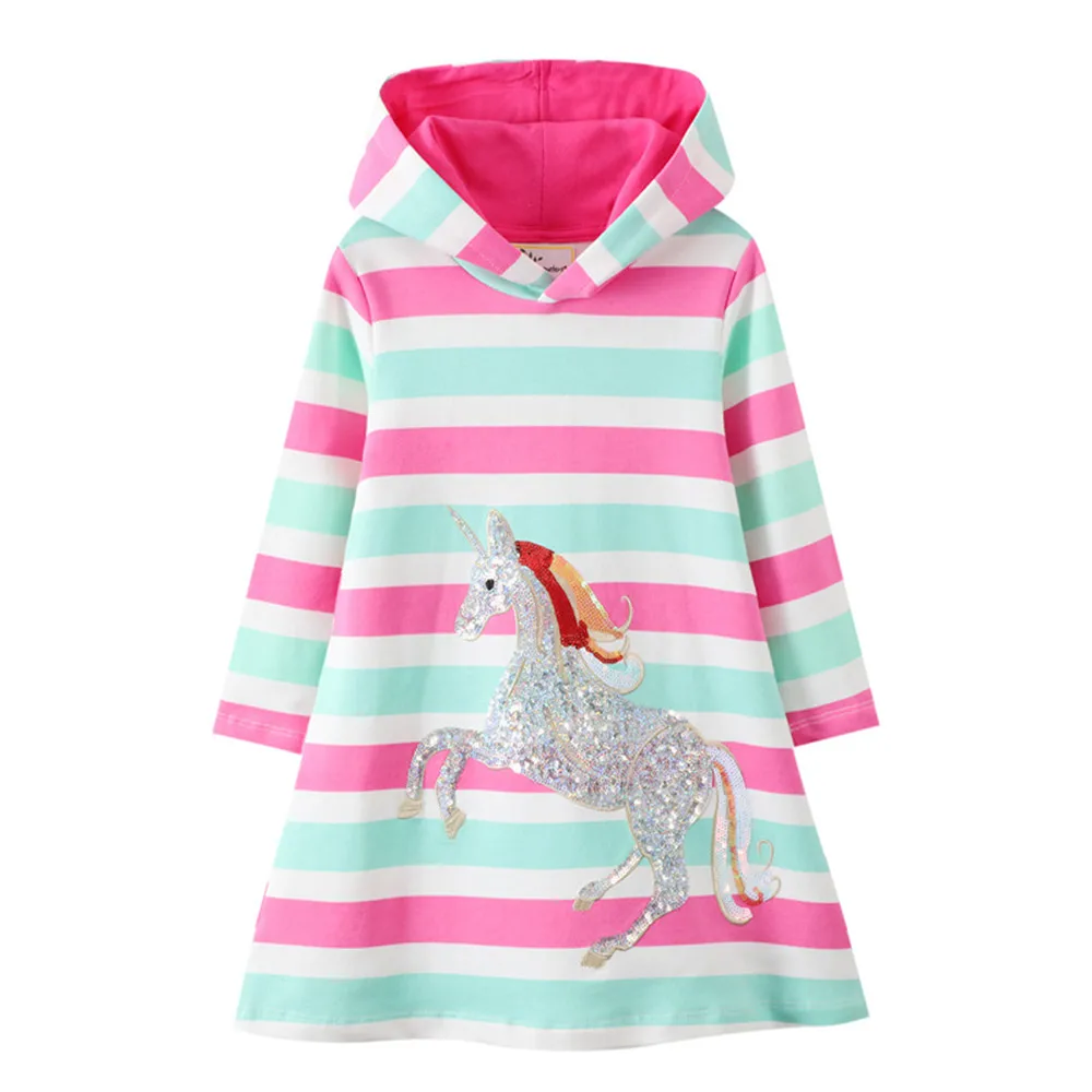 

Jumping Meters New Arrival 2020 Unicorn Princess Hooded Dress for Autumn Winter Stripe Fashion Children Cotton Clothing Baby