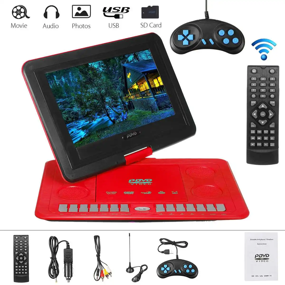 13,8 дюймов портативный HD tv домашний автомобильный dvd-плеер VCD CD MP3 вращающийся на 270 градусов перезаряжаемый автомобильный dvd-плеер мультимедийный игровой плеер - Цвет: Красный