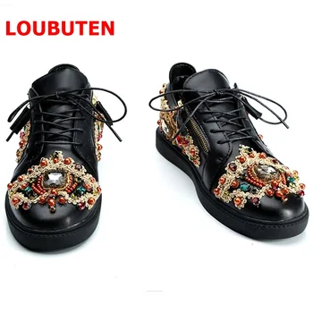 

LOUBUTEN Fashion Show Black Leather Shoes Men Mixed-color Rhinestone Casual Sneakers Luxury Lace-up Beading Hip Hop Shoes