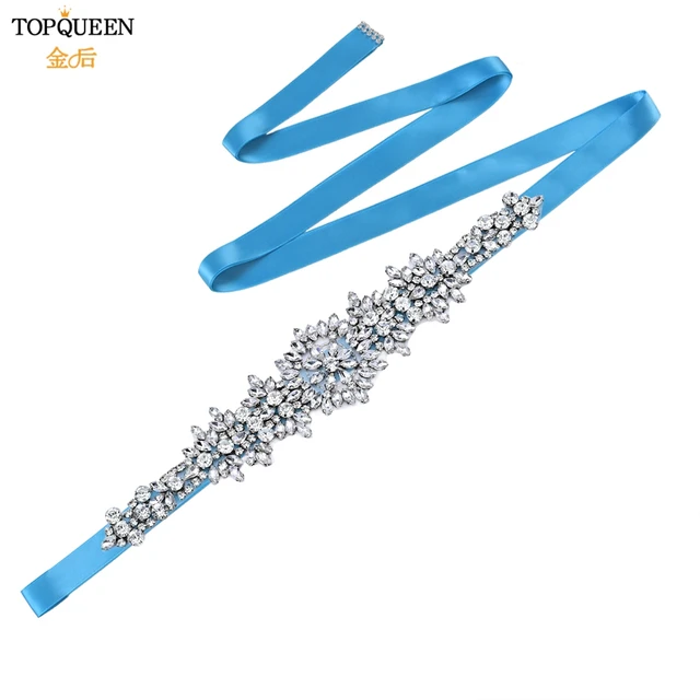 TOPQUEEN S319 Rhinestones Wedding Belts Wedding Sashes Crystal Bridal Belts Decorative Belt with Stones Jeweled Satin Ribbons Blue ribbon
