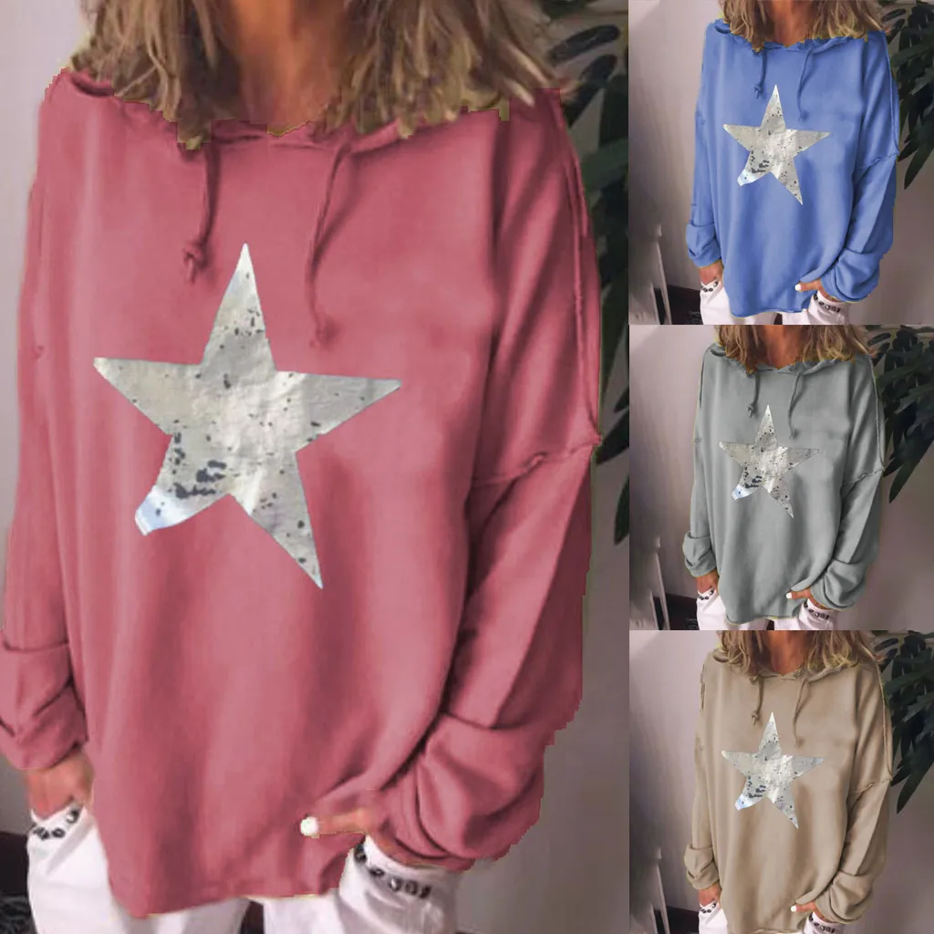 Женские толстовки размера плюс принт со звездой Свободные повседневные Harajuku с