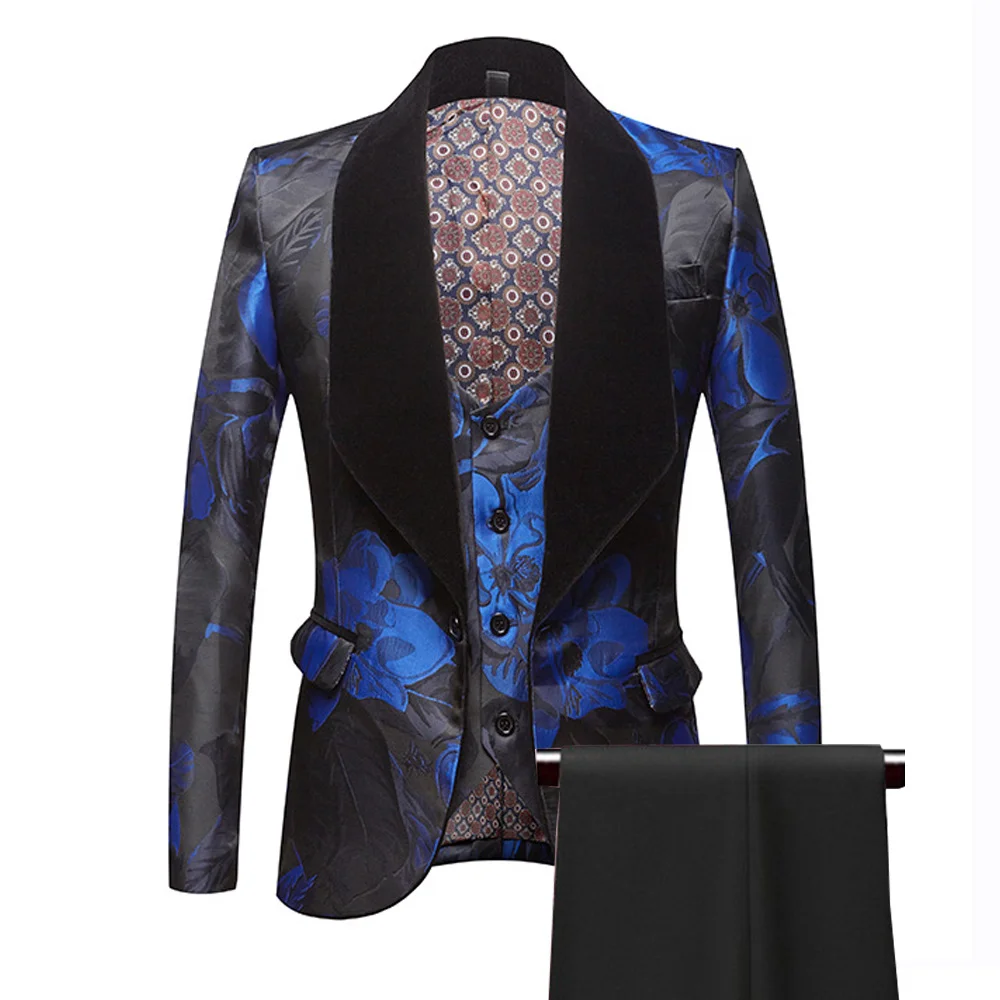 

Newest Luxury Shiny Blue Printed Suit Men Slim Fit Formal Prom Wedding Groom Tuxedo Chic Velvet Lapel Blazer Vest Pants 3 Pieces