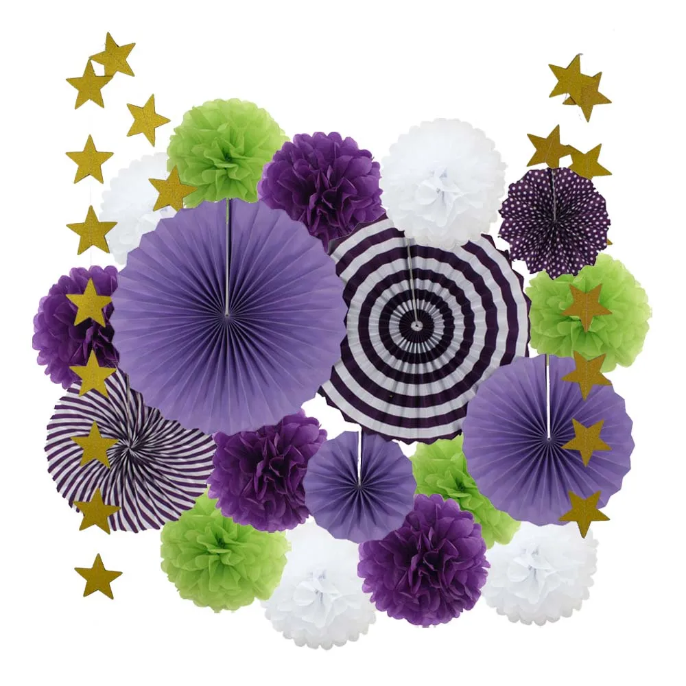 Purple Green Set 19 шт./компл. для маленьких девочек мальчик, кукла спящий младенец вечерние пользу висит бумажные поделки для свадьбы День рождения Декор розовый/синий/желтый/фиолетовый Бумага вентилятор с помпонами - Цвет: Purple Green Set