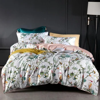 

60S 100% Egyptian Cotton Bedding Set King Queen Size Quilt Covers Flat Sheets 4pcs Birds Flowers Linens Pastoral style