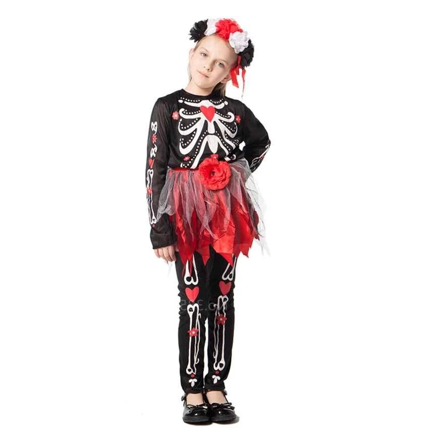 

Scary Costume Day of The Dead Halloween Dress Mexico Gril Vampire Carnival Party Cosplay Skeleton Kids Halloween Dress Disguise