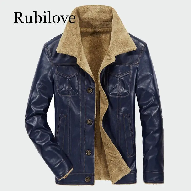 Мужские кожаные куртки Rubilove, Зимние флисовые пальто из искусственной кожи, Повседневная плотная теплая верхняя одежда с широким воротником, байкерская куртка, M-4XL