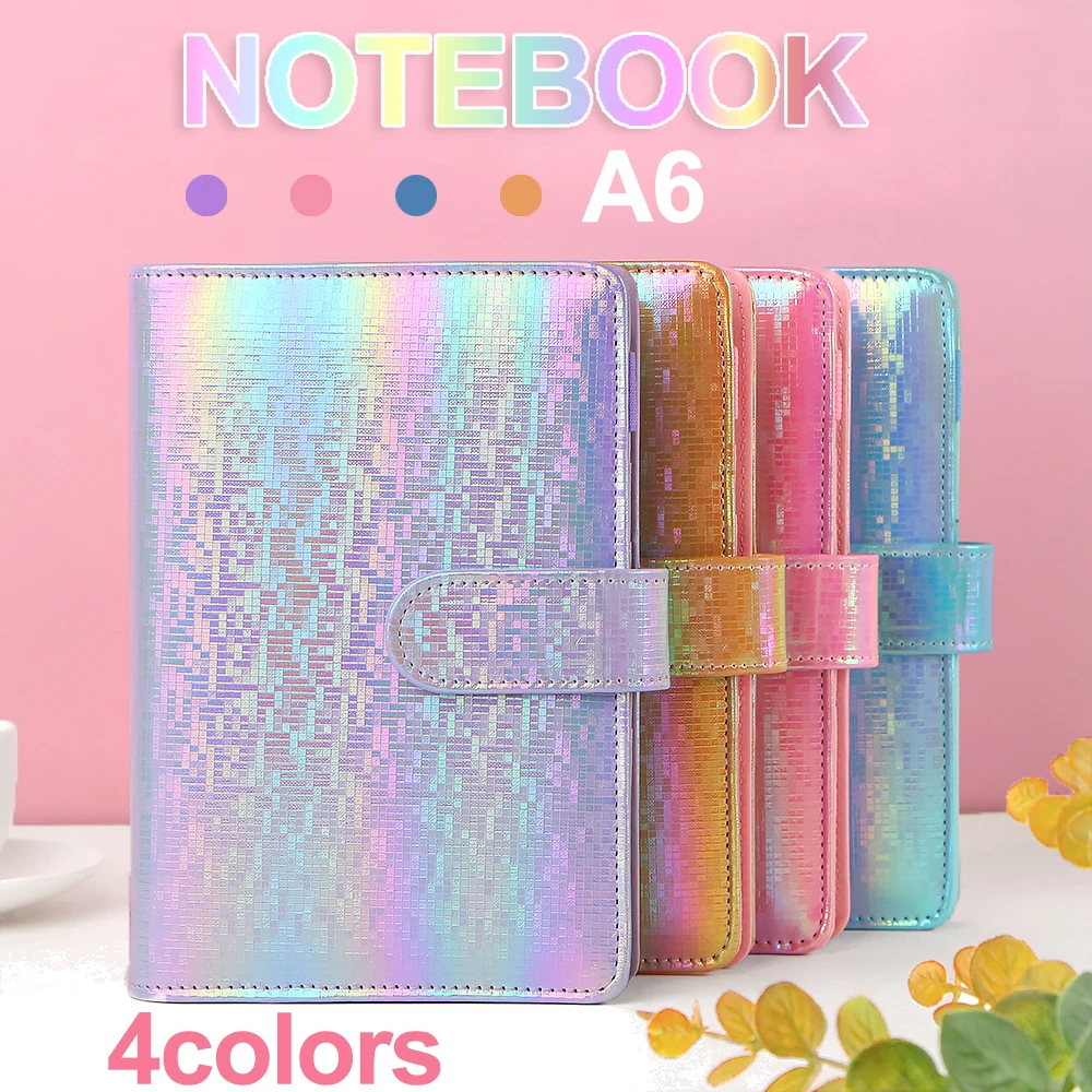 Laser Glitter Macaroon A6 PU Leather DIY Binder Notebook Diary Agenda Planner Bullet Cover School Stationery kawaii a5 notebook agenda 2023 planner time diary organizer notepads блокнот pu soft cover schedule for office school stationery