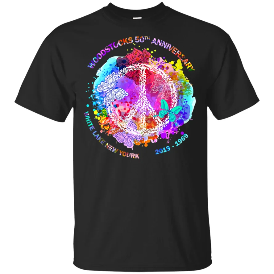 

Womens Woodstocks 50Th Anniversary Peace Love T-Shirt Vtg Black-Navy Short Men Cool Gift Personality Tee Shirt