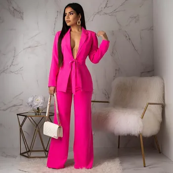 

Sexy Deep V Blazer and Pants Two Pcs Sets Elegant Solid Color Formal Suits