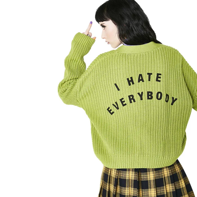 

Crop Sweaters 2019 New Avocado Green Letter Embroidered Knnited Cardigan Jacket Lazy Style Loose Sweater Autumn Women's Clothing