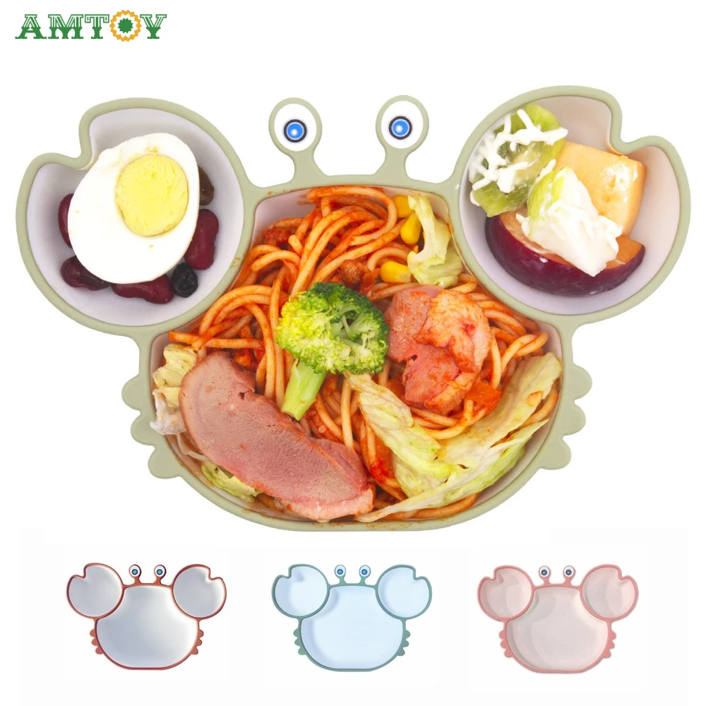 

BPA Free Microwave Dishwasher Safe Crab-shape Silicone Suction Plate for Toddlers Self Feeding Training Divided Plate Dish Bowl