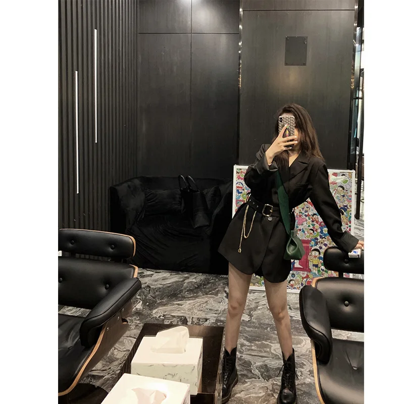 

Korean-style Loose-Fit Black And White with Pattern Western Style Casual Small Suit Elegant Thin Chain Belt Suit Coat Women's-