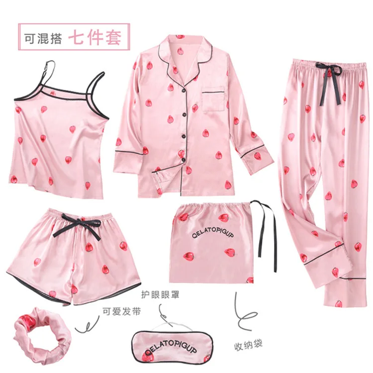 

Spring Summer New Style Pajamas Women's Strawberry Imitated Silk Fabric Cardigan Sweet Korean-style Fresh Fold-down Collar Track