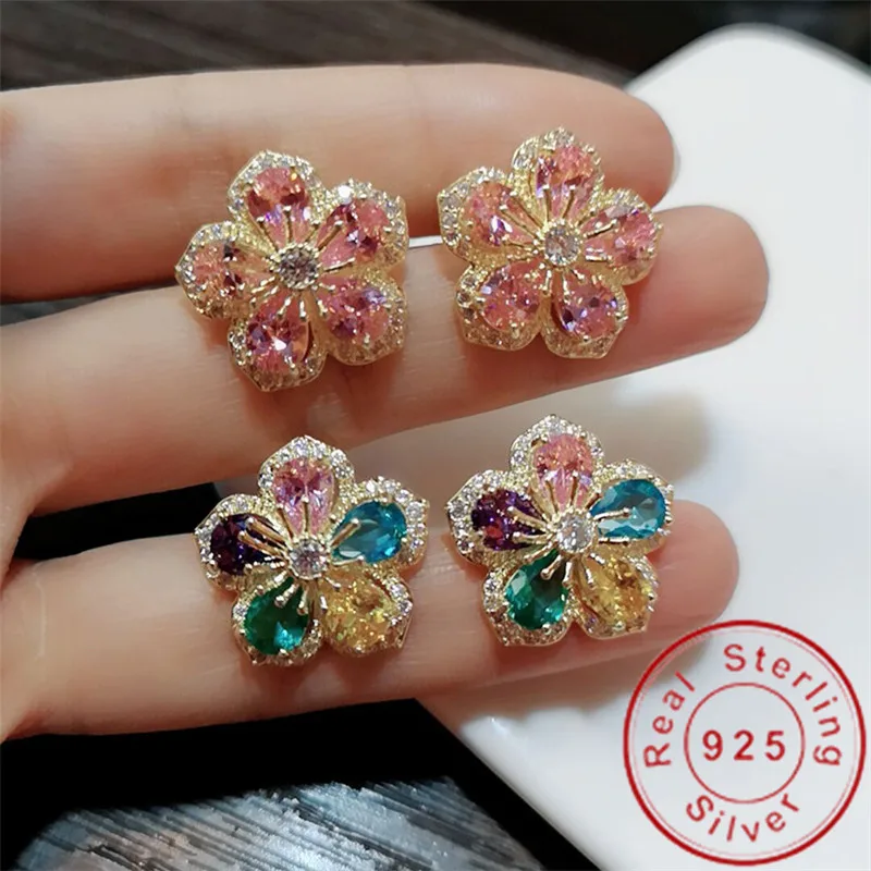 Серьги-гвоздики в виде цветка AAAAA cz Настоящее серебро 925 пробы роскошные свадебные серьги-гвоздики для женщин Свадебные вечерние ювелирные изделия