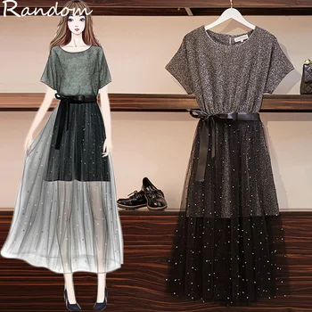 

Women Large Plus Size 5XL Dress Suit Summer Clothes Female TShirt Top And Mesh Skirt Two Piece Elegant Matching Set Big Outfit