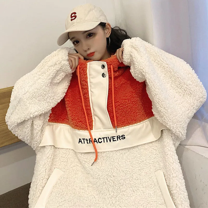 

Wool Faux Fur Hoodie With Pocket Women Autumn Winter Thick Velvet Fuzzy Hoodies Hooded Harajuku Outerwear Oversized Plus Size