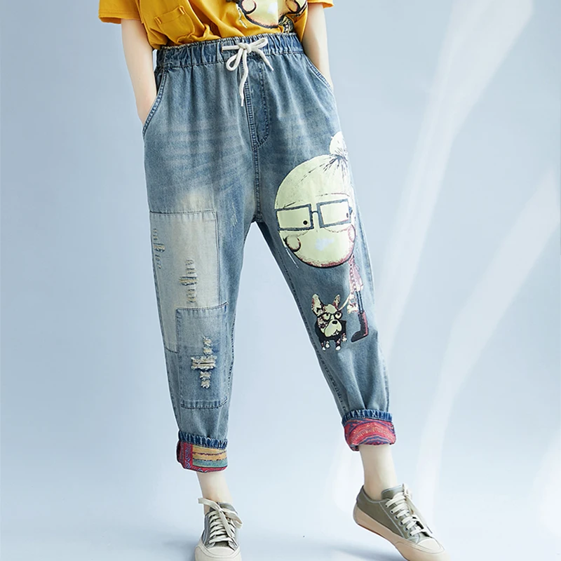 Funny Cartoon Print Jeans Woman Elastic Waist Jeans Boyfriend Trouser Harem Jeans Denim Korean Pant Push Up Vintage Plus Size
