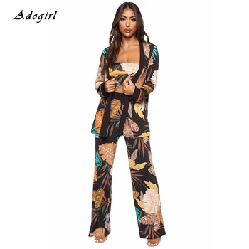 

Leaf Print Elegant Women Sets Casual Tunic Crop Top Cardigan Coat + Wide Leg Pants 3 Piece Sets Vintage Business Women Outfit