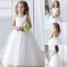 Винтажные белые платья с цветочным узором для девочек на свадьбу; пышные платья из тюля с v-образным вырезом и бисером для девочек; детское платье для первого причастия с открытой спиной