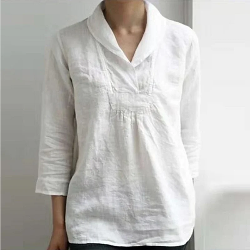 Elegant Summer Tunic Women Blouse Fashion 3/4 Sleeve Shirts Basic Tops Female Lapel Blusa Plus Size Casual Chemise 7