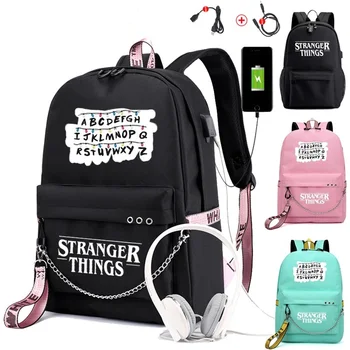

Female backpack Stranger Things Canvas Backpack Canvas Student Schoolbag Women Letters Print Girls Ribbons USB Charge Backpack