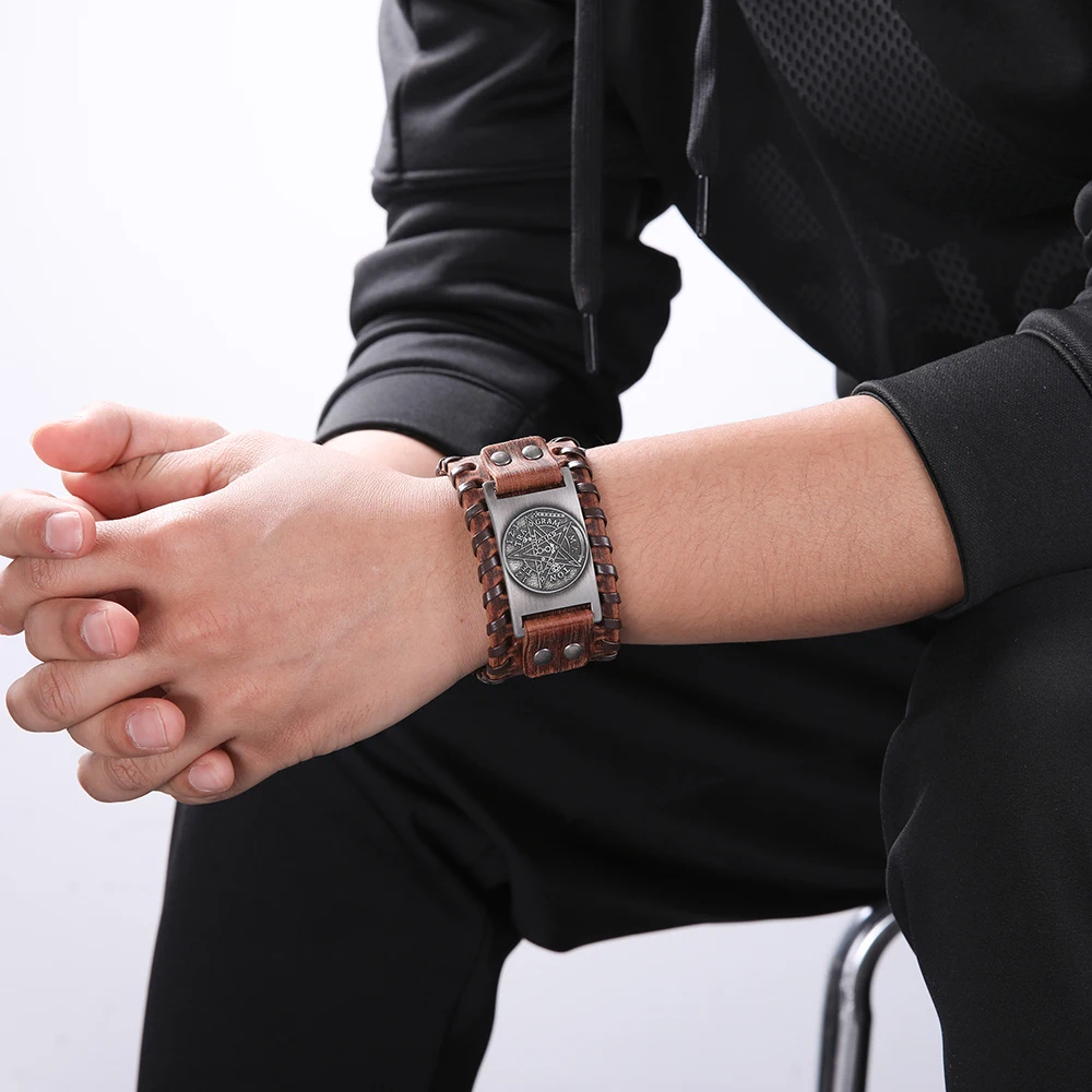 Leather Braided Bracelet Leather Bracelet My shape Tetragrammaton Pentacle Pentagram Leather Bracelet Bangles Men Gift Amulet Wiccan Talisman Pendants Vintage Jewelry