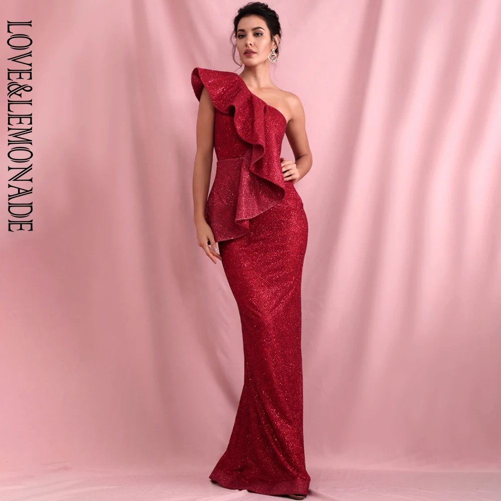 Женское вечернее платье LOVE & LEMONADE облегающее макси на одно плечо с оборками и