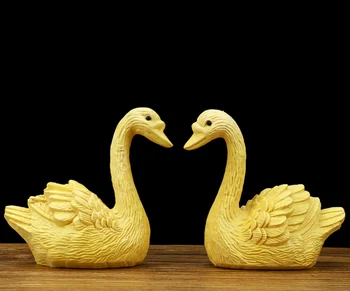 

3.3"Chinese Box-wood Hand-carved Lovable Animal Cygnet Goose Swan Statue Pair