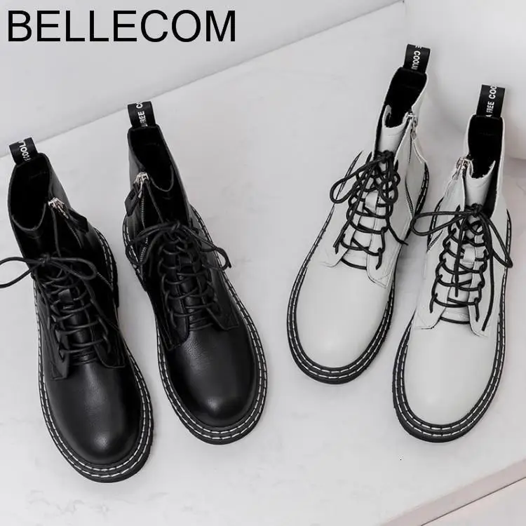 

BELLECOM Fall 2019 New Women's Leather British Wind Army Boots with Boots women boots womens boots black boots girls shoes