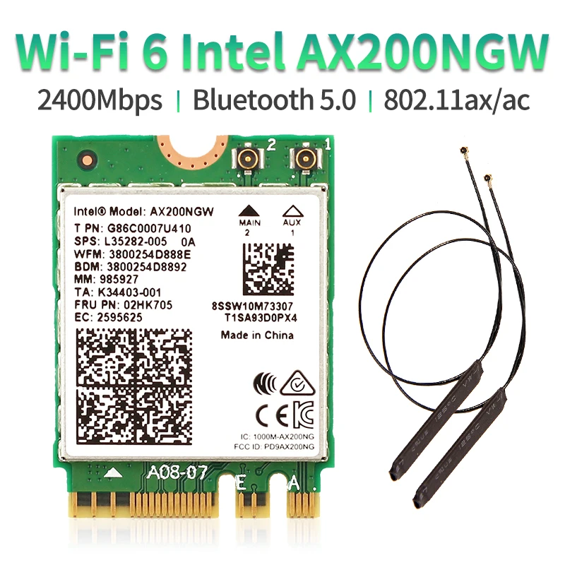 

WiFi 6 Dual Band 3000Mbps Wireless Card For Intel AX200 M.2 Bluetooth 5.0 2.4G/5Ghz 802.11ac/ax AX200NGW Wi-fi Adapter Antenna