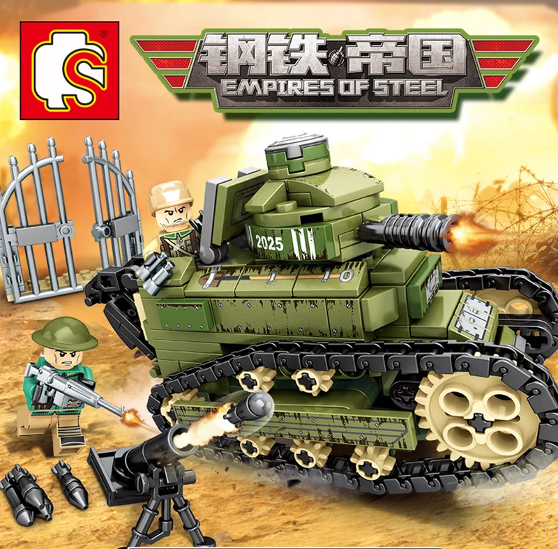 Sembo 368 шт., армейский FR Renault FT-17, танк, строительные блоки для детей, легольные Военные солдаты, фигурки, оружие, кирпичи, подарок для мальчиков
