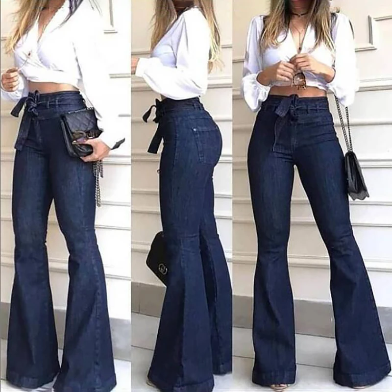 New Womens Jeans High-rise Micro-elastic Lace-up Flared Pants Wide-leg High Waist Skinny Woman Flare Black |