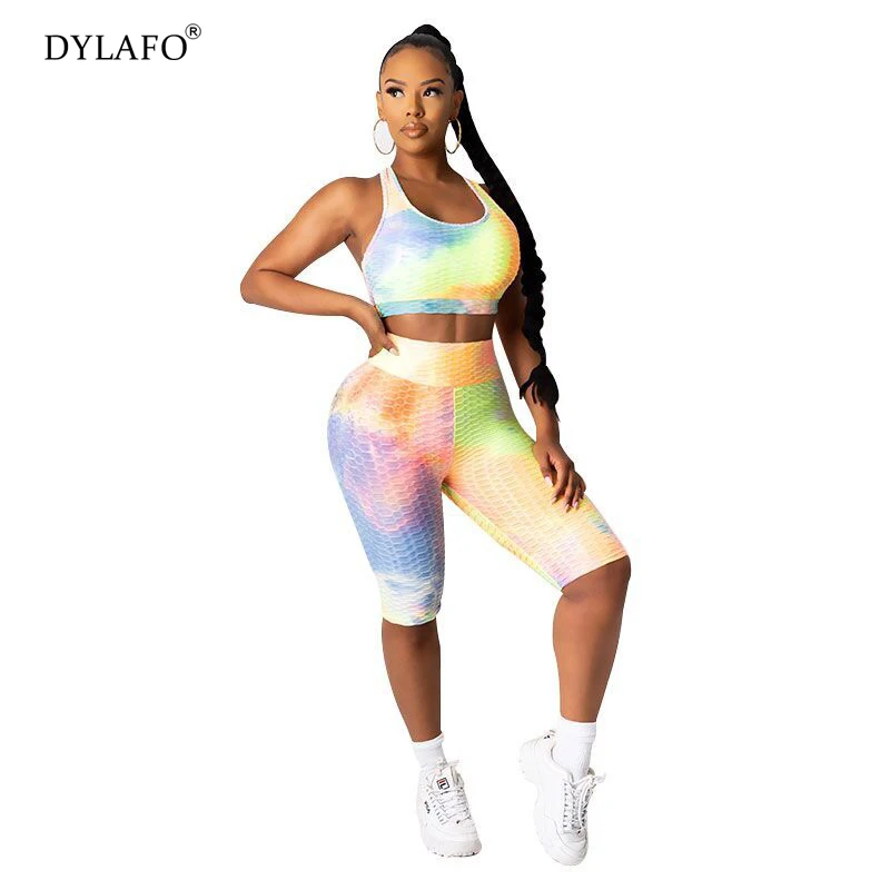 2020 Tie-dye Printing Suit Tracksuit Women's Seamless Knitted Sports Fitness Vest Shorts Skinny Two piece Suit Women Sweatsuit