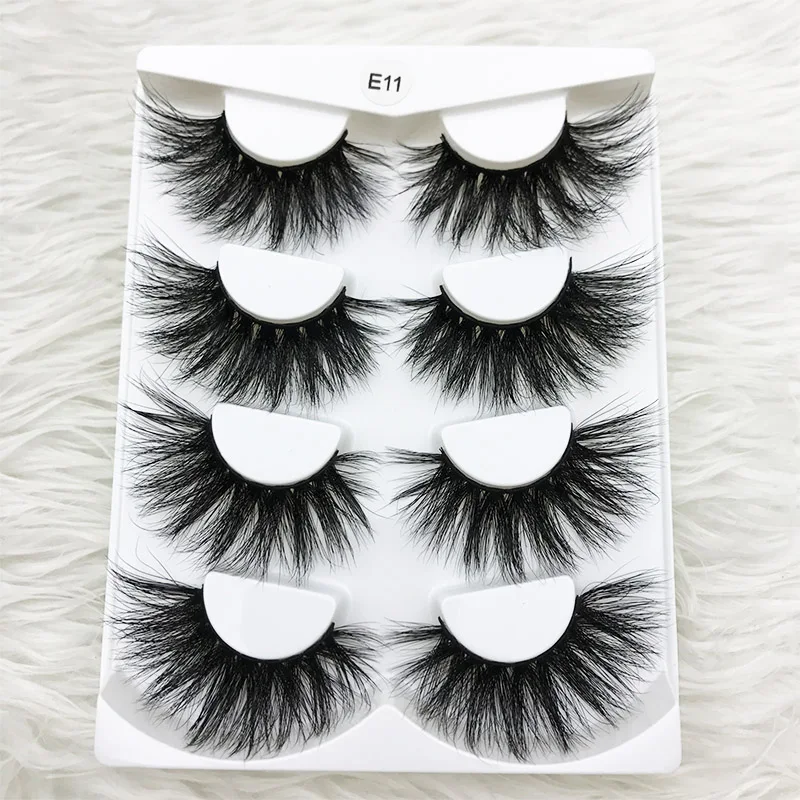 

MIKIWI 4pairs/pack 25mm E11 extra long and fluffy real mink lashes 100% Hademade Cross dramatic volume false Lashes extension