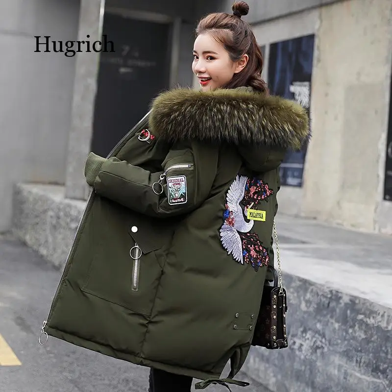 Women's British Fashionable Cloth Pasted Embroidered Thickened Medium Length Cotton Padded Jacket