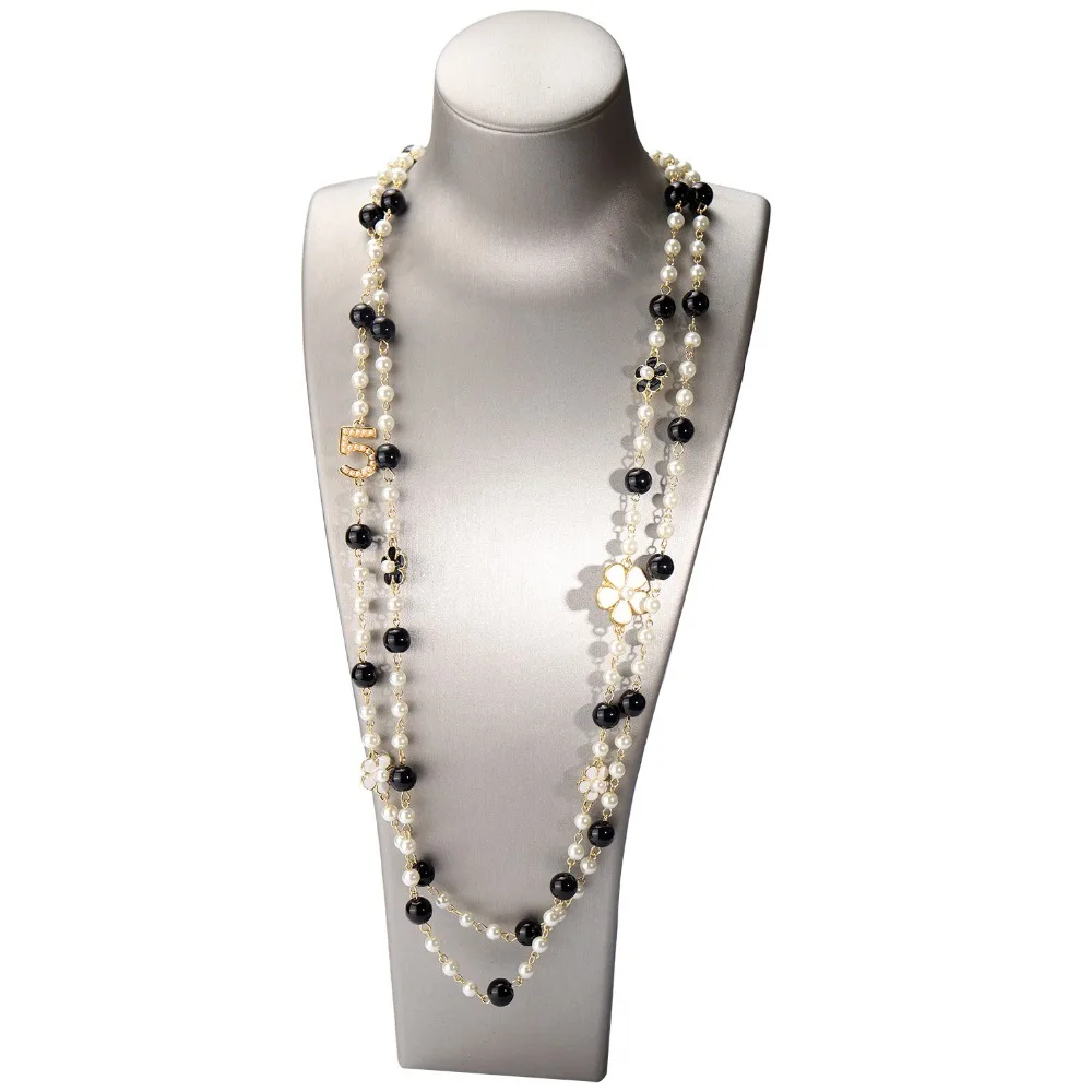Длинное женское ожерелье с искусственным жемчугом № 5, двухслойная подвеска, длинное ожерелье CC, цепочка на свитер, вечерние ожерелья с камелией