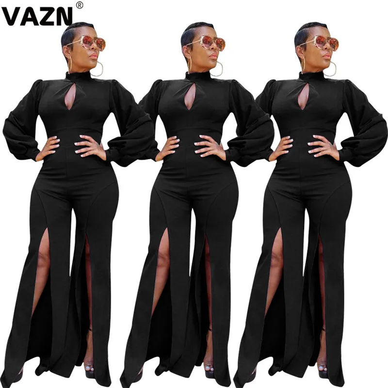 VAZN MOY5115 с круглым вырезом Новые однотонные открытые кружевные вечерние Клубные комбинезоны с длинным рукавом облегающие сексуальные женские бандажные длинные узкие комбинезоны
