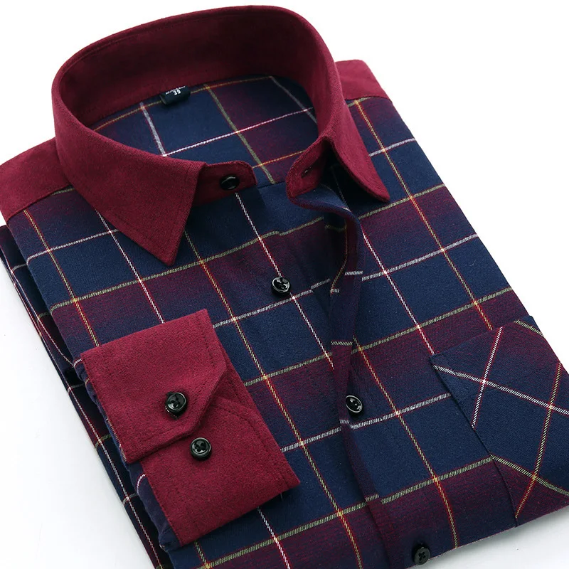 

2019 New Fashion Classic 4XL Mens Flannel Shirt Spring Autumn Sanding Plaid Casual Slim Fit Men Warm Clothes Shirts Pocket
