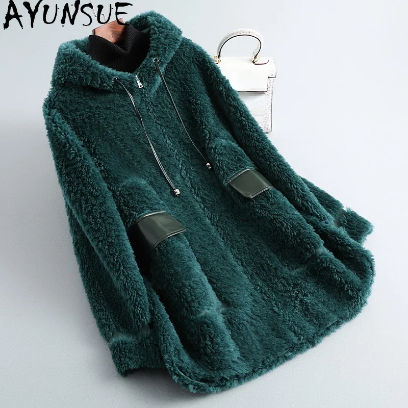 

AYUNSUE Real Sheep Shearling Coat Female Winter 2021 Hooded Casual Wool Jackets Women's Fur Coats Korean Jaqueta Feminina Gxy534