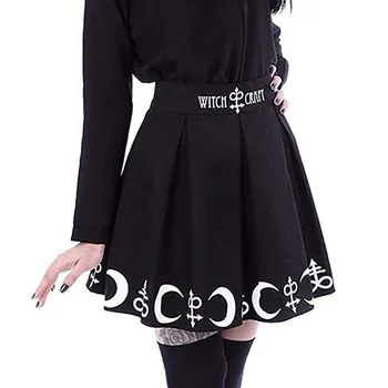 

Women Gothic Punk Witchcraft Moon Magic Spell Symbols Mini Pleated Skirt Midi Skirt High Waist Elascity Casual Party Skirt