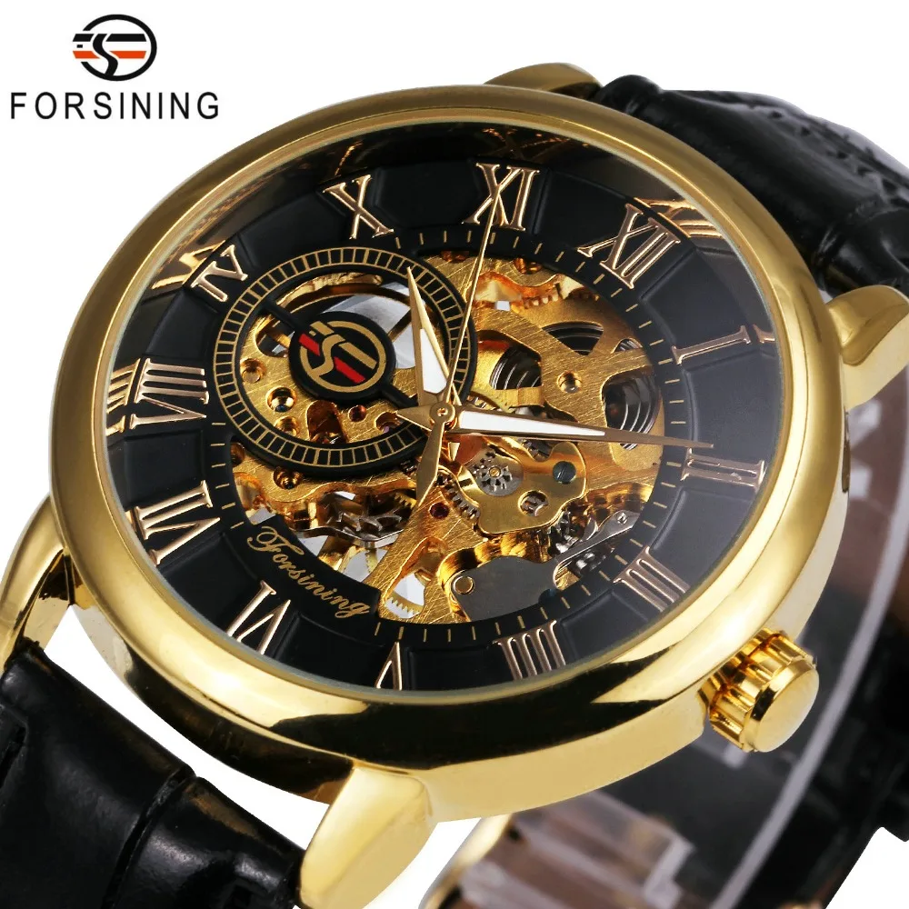 

2019 FORSINING 3D Logo Black Gold Men Mechanical Watch Montre Homme Man Watches Top Brand Luxury Leather WINNER Skeleton Design