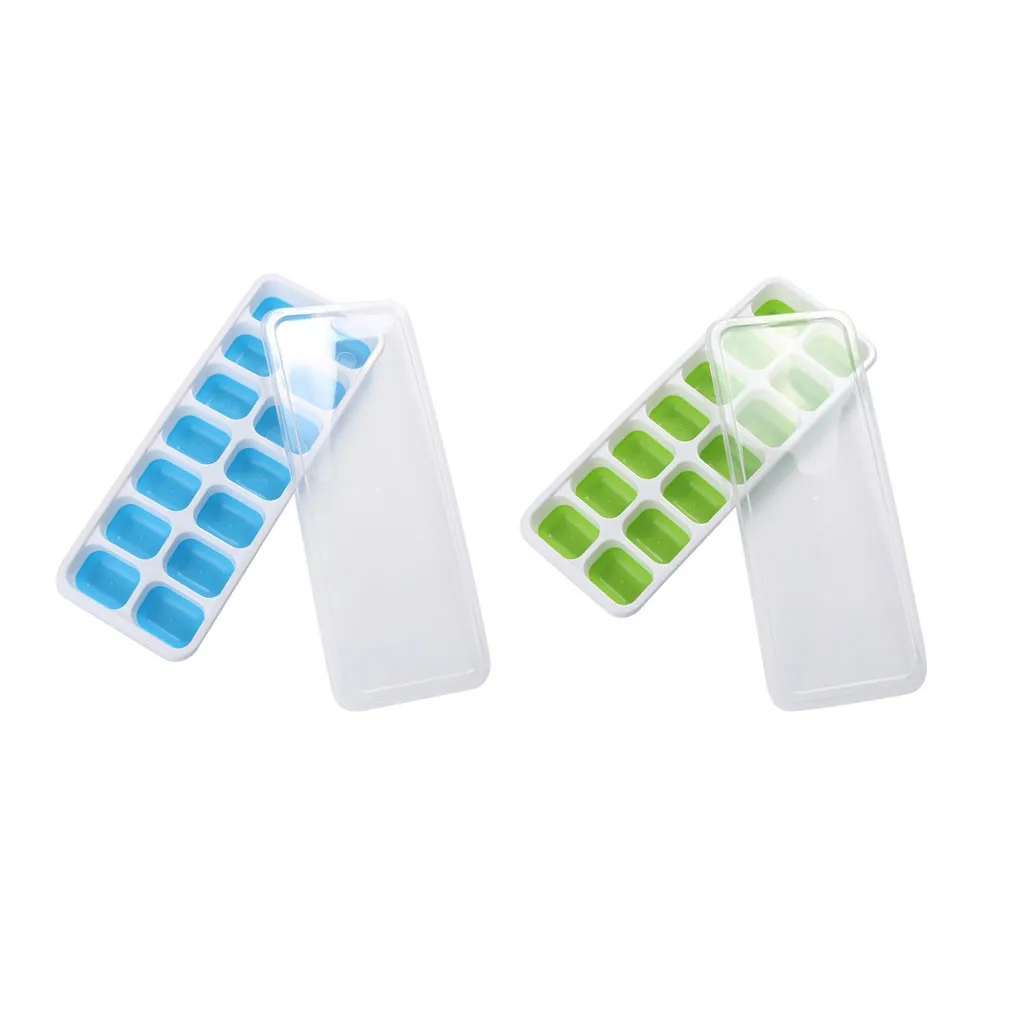 2Pc Ice Cube Trays Covered Ice Tray Set With 14 Ice Cubes Molds safety durability Flexible Rubber Plastic 25.4x9.8x2.9cm#40