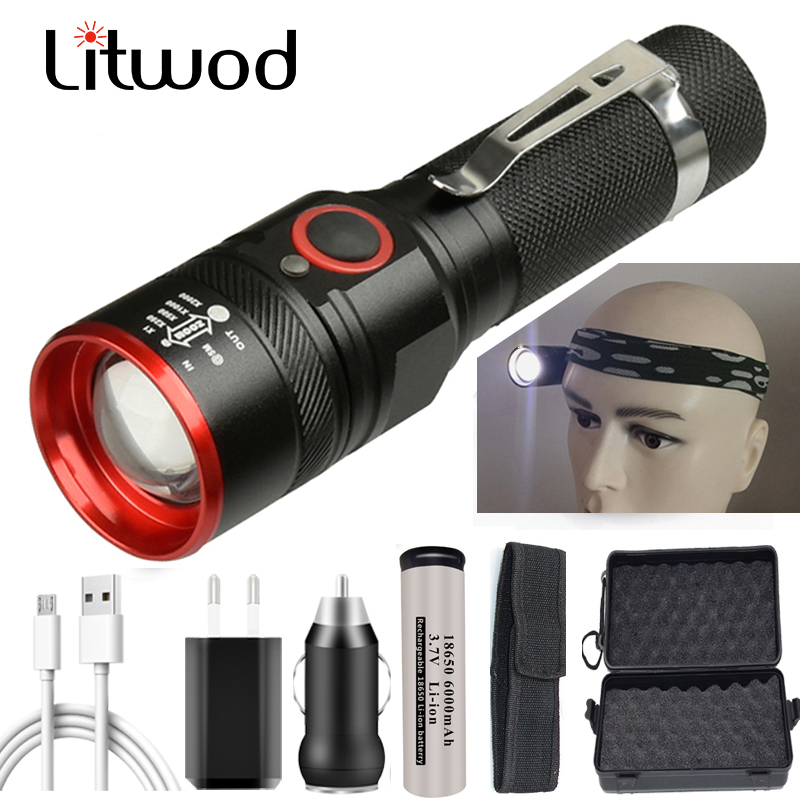 Rechageable XML-T6 LED Flashlight Torch Micro USB port lantern with headbank 4 lighting modes Zoomable Fishing outdoor lighting 