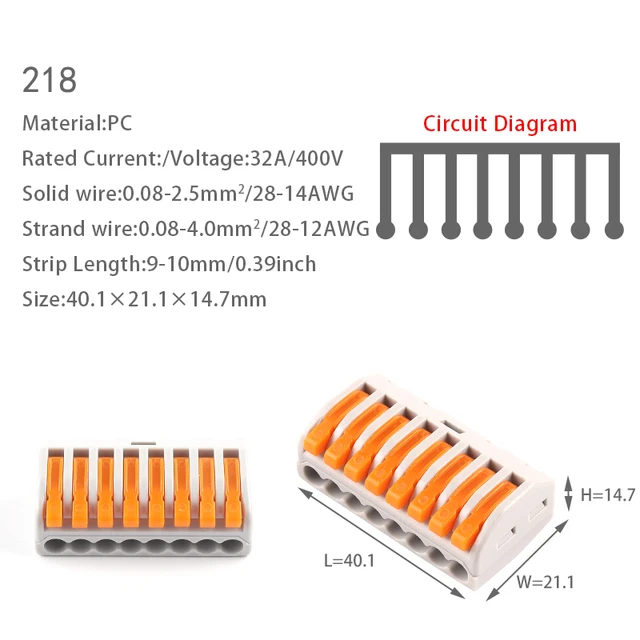 5PCS Fast Wire Cable Connectors Universal Compact Conductor Spring Splitter Wiring Connector Push-in Terminal Block For Electric 218(PC)